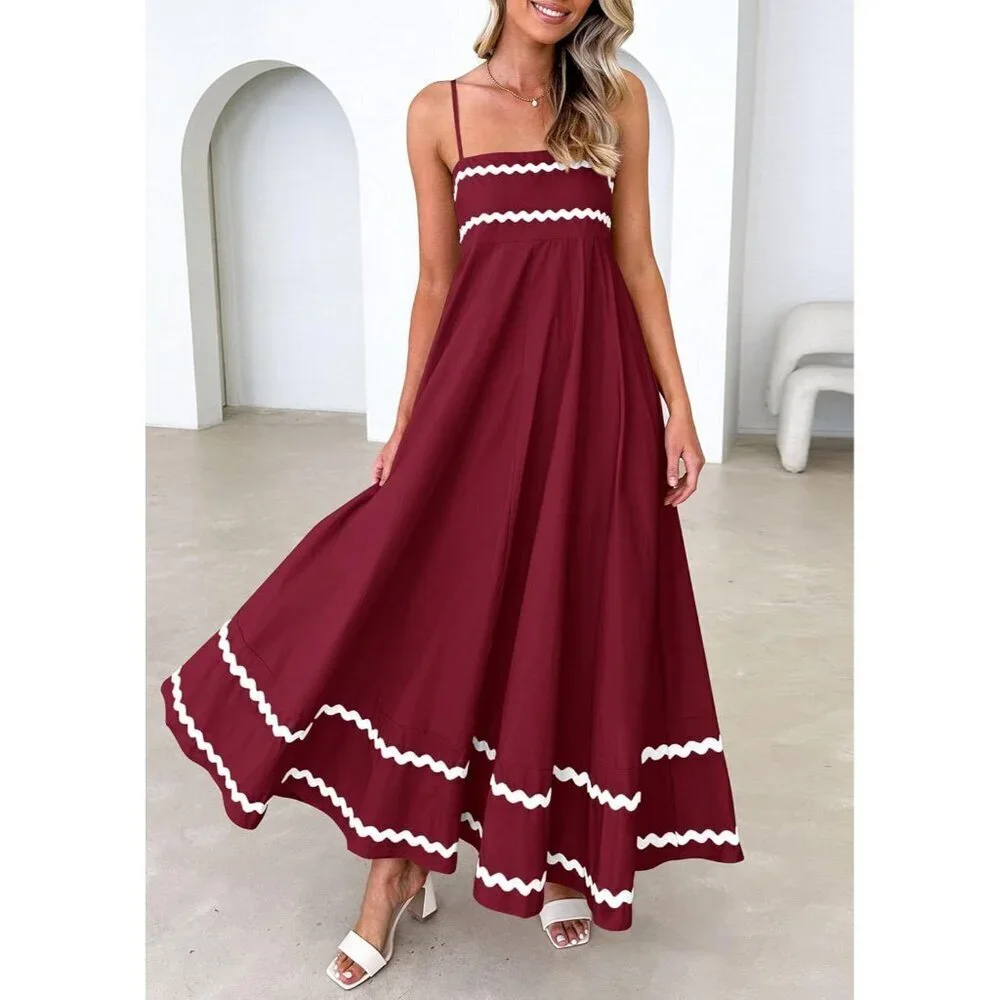 Women's Dark Red Casual Sleeveless Spaghetti Strap Ruffle Beach Maxi Dress
